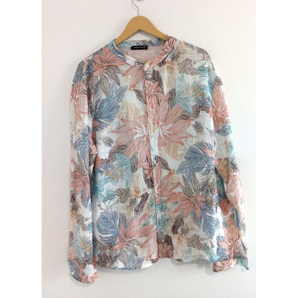 Italian Top Women's XXL Crinkle Gauze Button-Down Shirt Tropical Palms Coastal - Picture 1 of 10